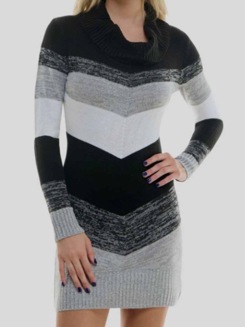 BCX Ribbed Turtle Neck Sweater Dress, Block Colors Gray, Black, and White size S